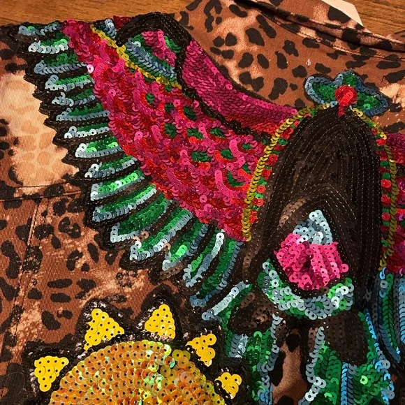 Cheetah Print Bleached Third Eye Sequin Jean Canvas Jacket Boutique NWT - Picture 5 of 6